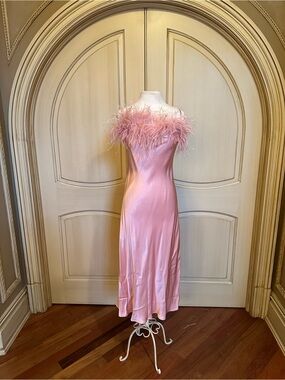 Sleeper Pink Feather-Trim Satin Midi Dress